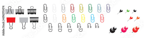 Pins and paper clips set. Colored binder clips, push pins, flags and tacks. Realistic stationery. Office supplies. Vector illustration.