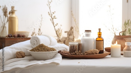 Ayurvedic Ingredients for Holistic Wellness. A collection of Ayurvedic ingredients and spices displayed in a peaceful, neutral setting, embodying traditional holistic practices.