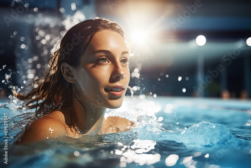 Retrato de un mujer joven nadando en una piscina cubierta. Vista de perfil, mirando hacia un lado. Copy space.