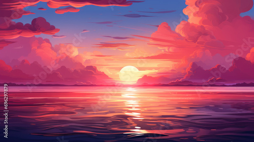 Beautiful orange and pink magenta sunset in the sea. Summer beautiful panoramic landscape background, watercolor or anime cartoon style.