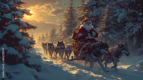 Santa riding a sleigh pulled by wolves under the twilight sky. AI Generated