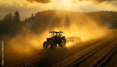 Side view of a tractor with harrow is plowing a field for sowing seeds into purified soil at sunset or sunrise. Generative Ai.