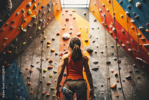 female rock climber stands in front of the wall of a training climbing wall, rear view. Climbing training