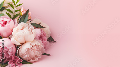 Flowers composition with roses and peonies on flat lay light pink background with copy space
