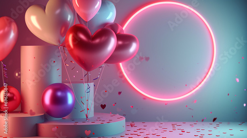 Happy Valentine's Day holiday banner. Greeting background with abstract 3d composition for Valentine's Day. Made with generative ai