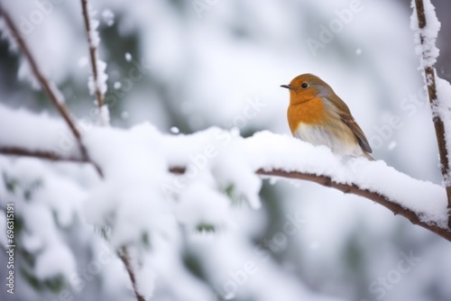 Turdus migratorius, robin bird perched on a branch in snow, winter
