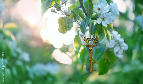 spring nature background. vintage key with deer shape on blossom spring tree, sunny green backdrop. magical key-amulet, symbol of secret garden, soul of forest. spring season floral image