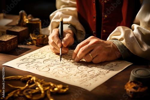 The hands of a calligrapher delicately creating ornate letters with an inked pen, showcasing the fine art of beautiful handwriting