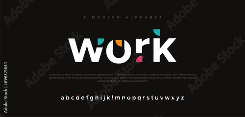 Work modern alphabet. Dropped stunning font, type for futuristic logo, headline, creative lettering and maxi typography. Minimal style letters with yellow spot. Vector typographic design