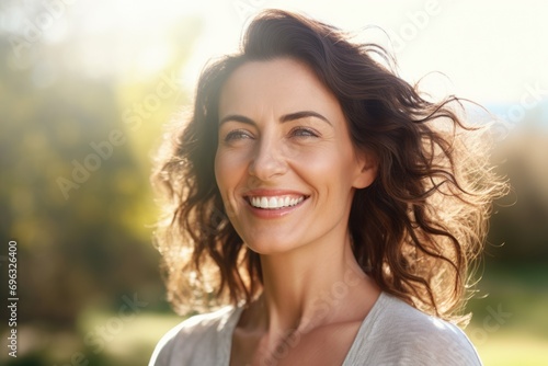 Close up portrait of pretty smiling brunette woman outdoors