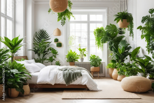 Home garden, bedroom in white and wooden tones. Close-up, bed, parquet floor and many houseplants. Urban jungle interior design. Biophilia concept.
