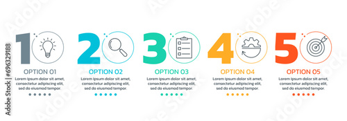 5 step, option infographic template. Process diagram, business presentation with modern icons. Timeline info graphic design. Five option flow chart, layout concept. Vector illustration.