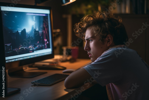 Upset young man, teenager losing computer game. Tired teenager playing all night long at home. Technology, gaming addiction, emotion, psychological problems in adolescence concept