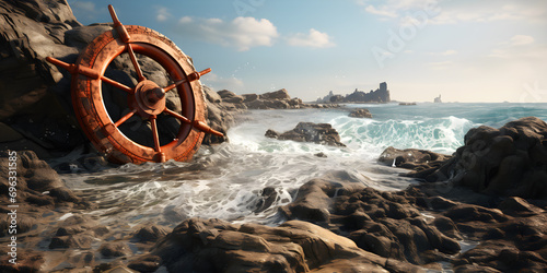Ship's wheel by the sea, symbolizing living life with direction and purpose,, Ship's Wheel Amidst the Tempest: Maritime Perseverance