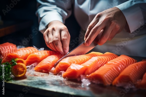 Photo of a hands meticulously slicing sashimi pieces. Generative AI