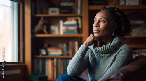 Thoughtful middle aged woman looking away sitting alone in her couch at home