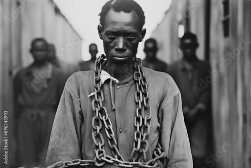 A historic portrait of a black african slave with metal chains