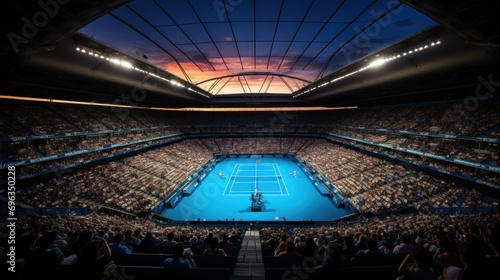 Aerial view of tennis court with tribune full of people, sport fans over sunset sky. Match. Concept of professional sport, championship, tournament, game