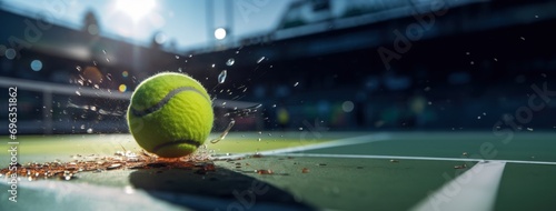 Yellow tennis ball lying on tennis court, open air stadium on warm sunny day. Before match. Game, sport attributes. Concept of sport, leisure, active lifestyle, game, hobby and tournament