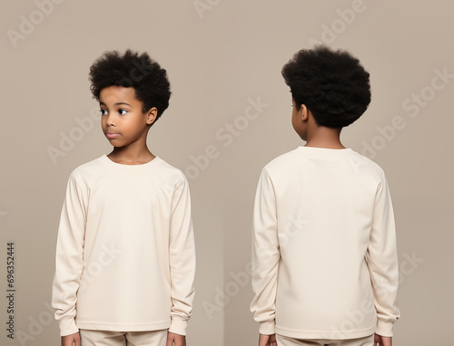 Front and back views of a little boy wearing a beige long-sleeve T-shirt