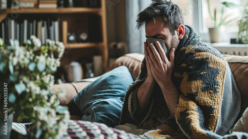Man with a cold sits on a couch in the living room and sneezing his nose into a tissue. Cold season flu, coronavirus, winter respiratory infections.