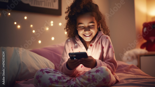 Smiling little eastern asian girl in pajama in bedroom playing games on smartphone. Parental control of screen time, reasonable use of smartphone by children.