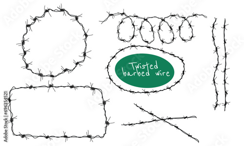 Razor wire silhouettes. Barbed wire metallic border elements, sharply barb wire fencing vector symbols set. Prison barbed wire. Twisted steel protective barrier with spikes collection