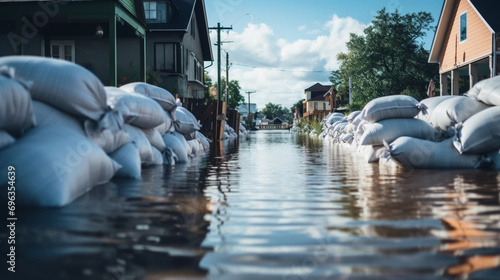 copy space, stockphoto, Close shot of flood Protection Sandbags with flooded homes in the background. Water damage at home. Insurance home. Water damage after flooding.