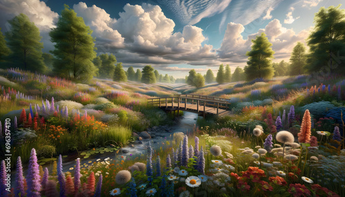A wild spring landscape with a diverse meadow of blooming wildflowers, a rustic wooden bridge over a babbling brook, under a partly cloudy sky