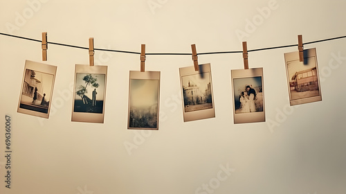 photo frames hanging on rope, empty Polaroid photos hanging