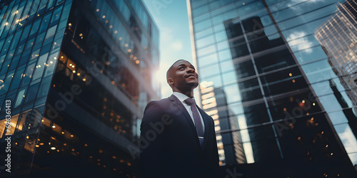 Portrait of young African Amerian businessman standing in front of city skyscraper, Urban lifestyle, Black people