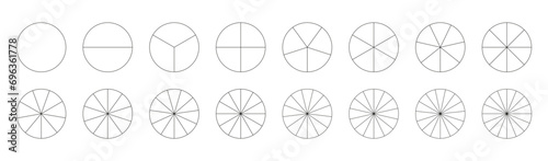 Segmented charts. Pizza chart template. Set of pie charts. Many number of sectors divide the circle on equal parts. Collection of segments infographic. Diagram wheel parts. Outline black thin graphics