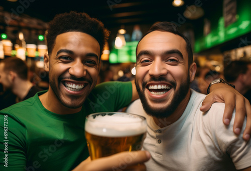 portrait of two multiracial friends holding a glass beer in pub celebrate St. Patrick day