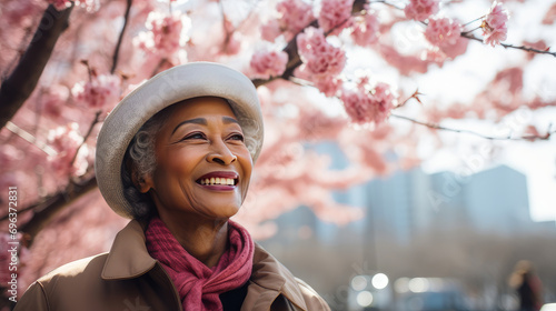 Modern happy elderly smiling dark-skinned African woman against the backdrop of pink cherry blossoms and metropolis city.