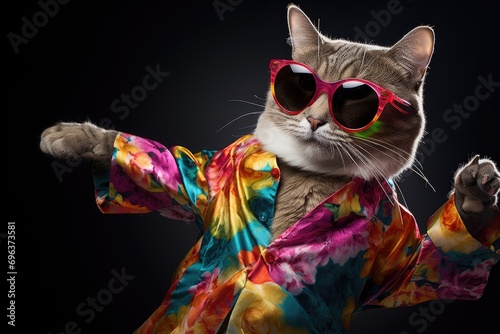 Party cat wearing a vibrant dress and cool shades dancing