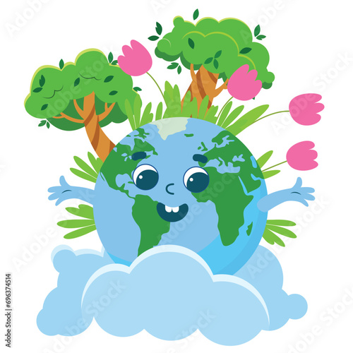 Earth Day greeting card. Planet Earth with a cheerful face is smiling joyfully. Next to her are tulips, trees and clouds.