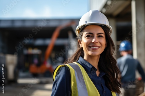 Smiling woman engineer overseeing construction area