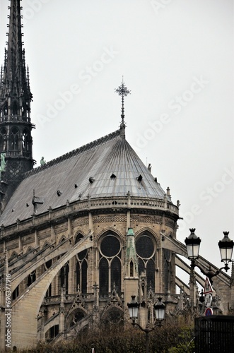 Paris, France - famous Notre Dame cathedral facade saint statues. UNESCO World Heritage Site