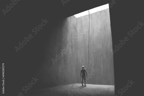 Illustration of man finds a rope to get out of the dark, surreal abstract chance concept