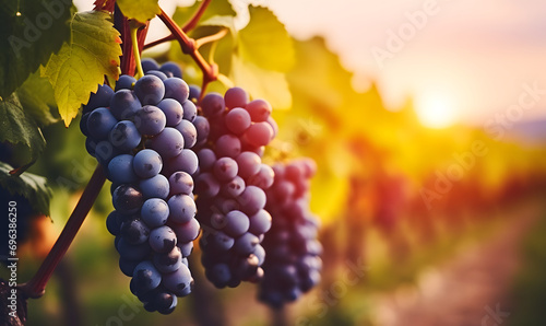 Blue grapes in a vineyard at sunset, toned image