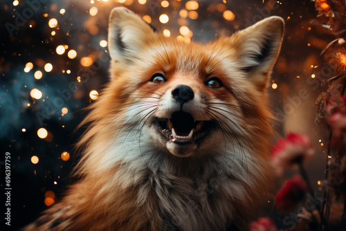 A fox surrounded by ferocious fireworks of abstract patterns, symbolizing the cunning and adaptability of these clever canines.