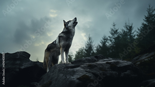 wolf howls at the moon standing on a rock