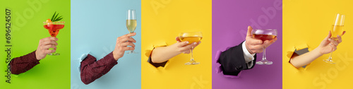 Banner. Creative collage. Hands with cocktail glass breaks through multicolored paper background. Modern fashion photo. Ad. Concept of pop art, party mood, alcohol, celebration, holidays.
