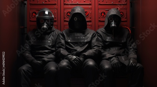three prisoners dressed in black with black masks on, the old fashion safe