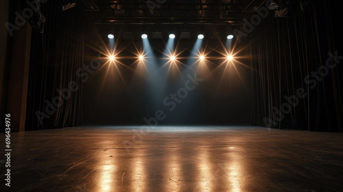 Spotlights glowing on an empty dark stage with dark curtains