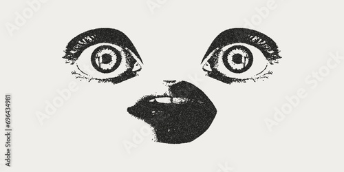 Retro photocopy style eyes and mouth. Grain effect and stippling. Vector dots texture. 