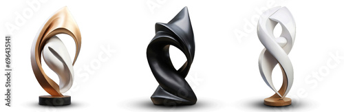 Diverse set of modern abstract decor sculptures in different materials for home, public areas, or reception decoration. Isolated on a transparent PNG background.