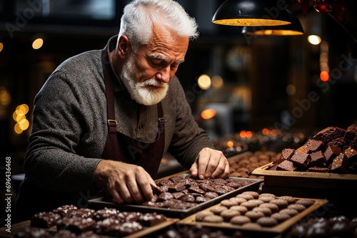 portrait d'un artisan confiseur chocolatier au travail dans sa boutique en train de préparer ses chocolats