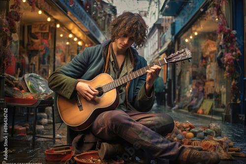 A musician channels his passion and focus into his instrument, enlivening a city street with the raw emotion of his performance