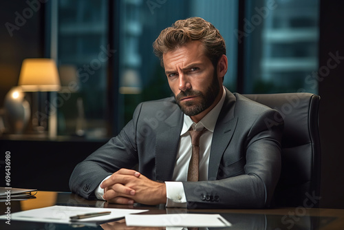 A male executive, alone in a boardroom, ponders a challenging business decision. His pensive expression reflects the power and leadership required in corporate life.